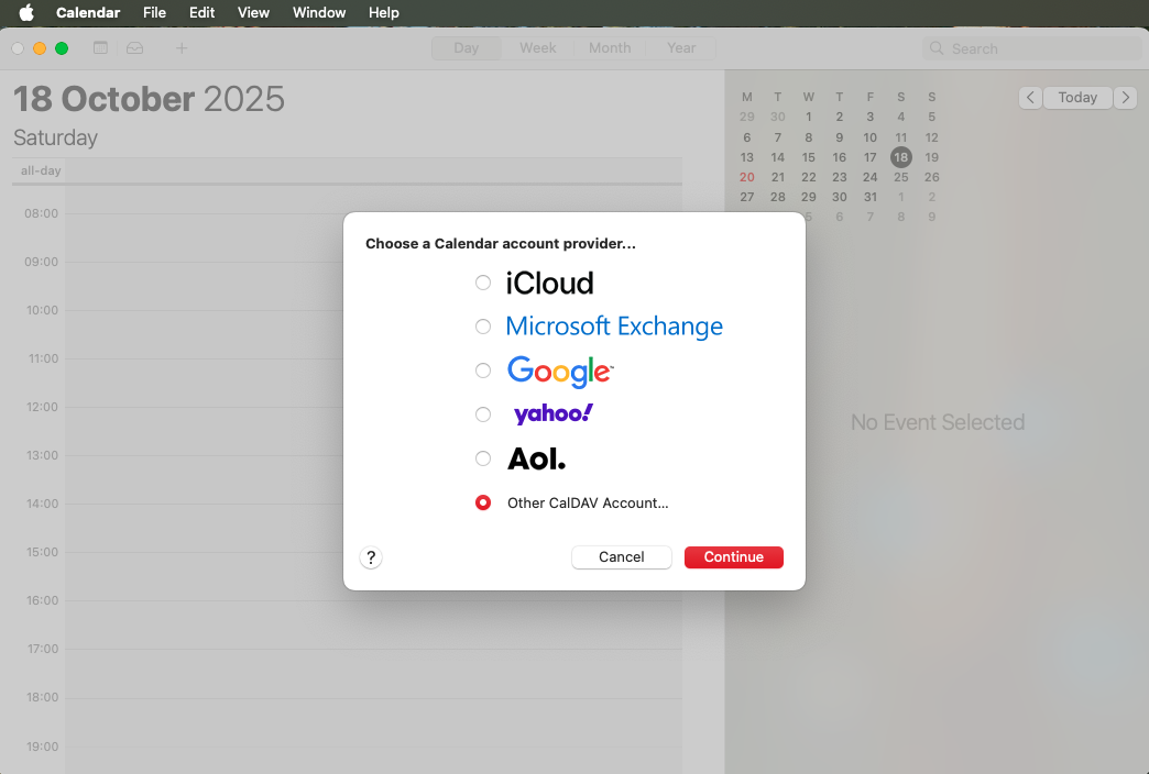 Mac Calendar setup step 1: Add CalDAV account - Select Other CalDAV Account from the account types menu