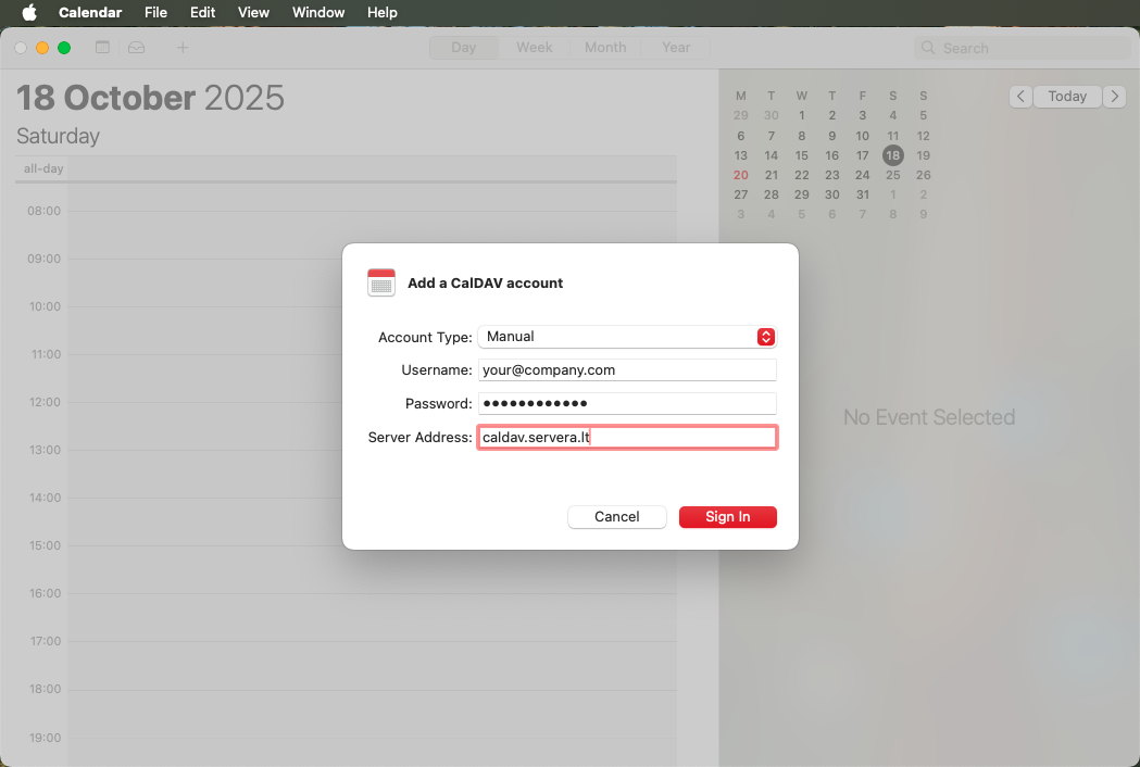 Mac Calendar setup step 2: Enter CalDAV server details including email, password and server address caldav.servera.lt